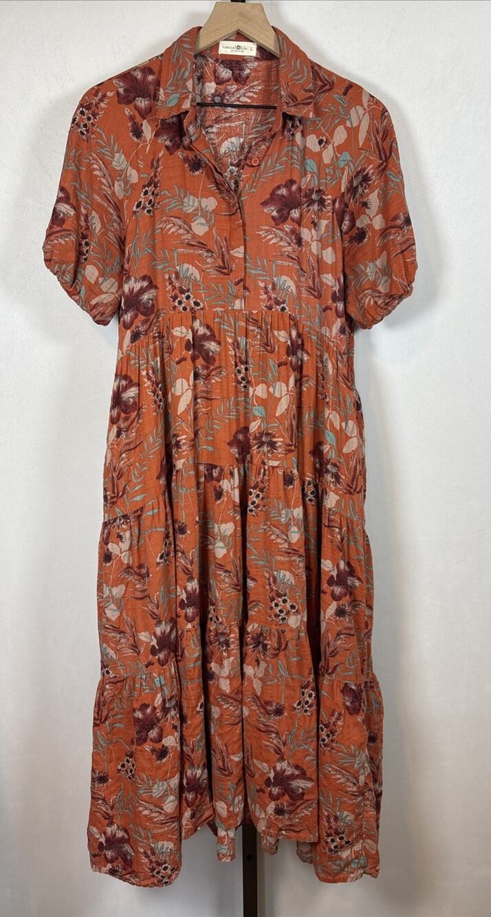 Natural Life Rebecca Midi Dress Womens Large Orange Floral Prairie Cottagecore